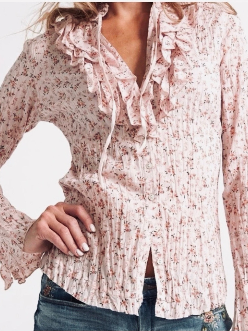 Cino from Sundance Ruffled Floral Button-Front Blouse - Light Pink